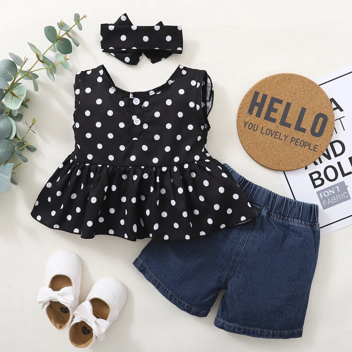 2 Pieces Set Baby Kid Girls Polka dots Tops And Ripped Shorts