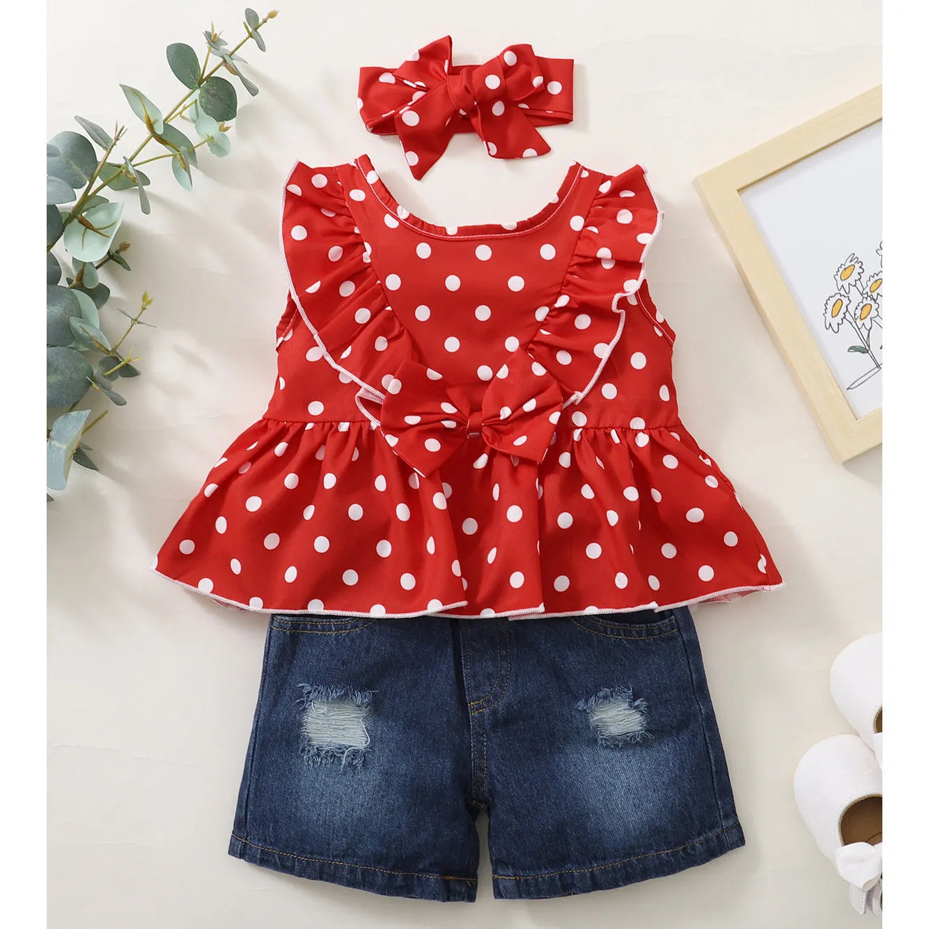 2 Pieces Set Baby Kid Girls Polka dots Tops And Ripped Shorts