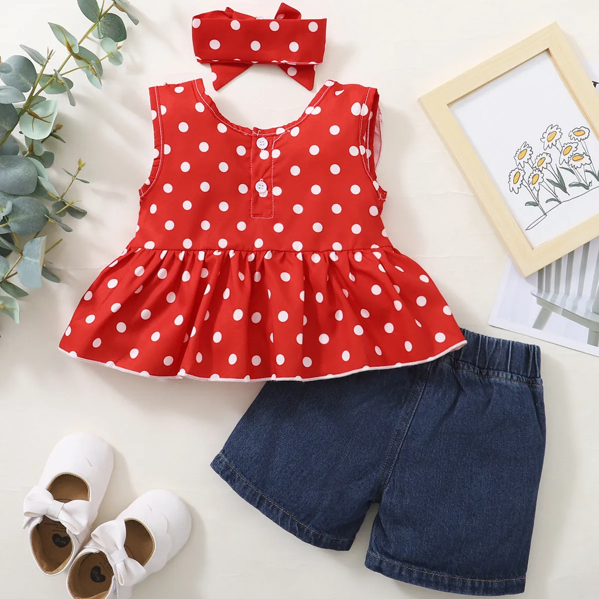 2 Pieces Set Baby Kid Girls Polka dots Tops And Ripped Shorts