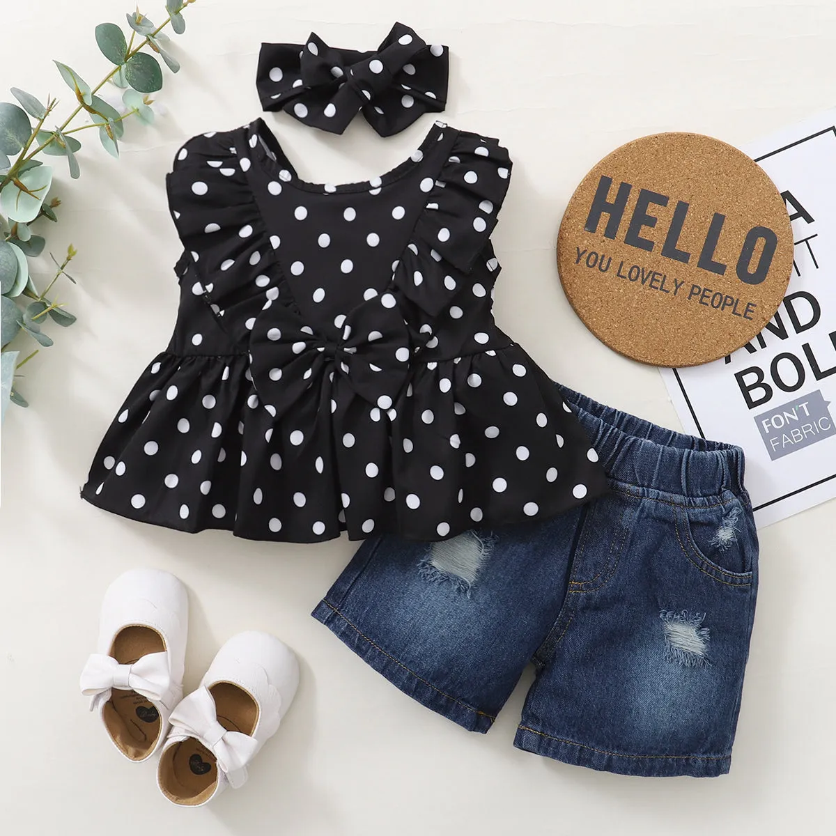 2 Pieces Set Baby Kid Girls Polka dots Tops And Ripped Shorts