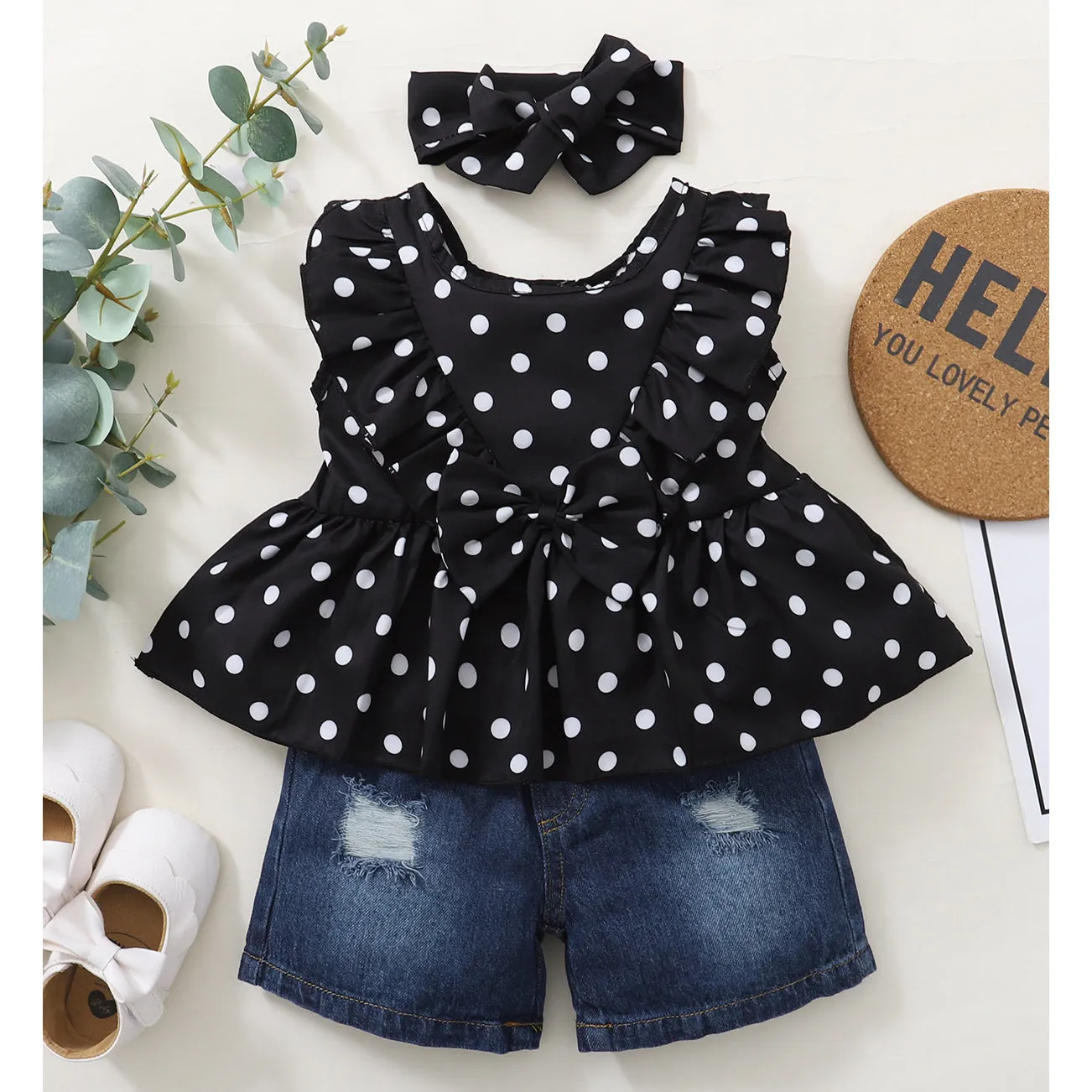 2 Pieces Set Baby Kid Girls Polka dots Tops And Ripped Shorts