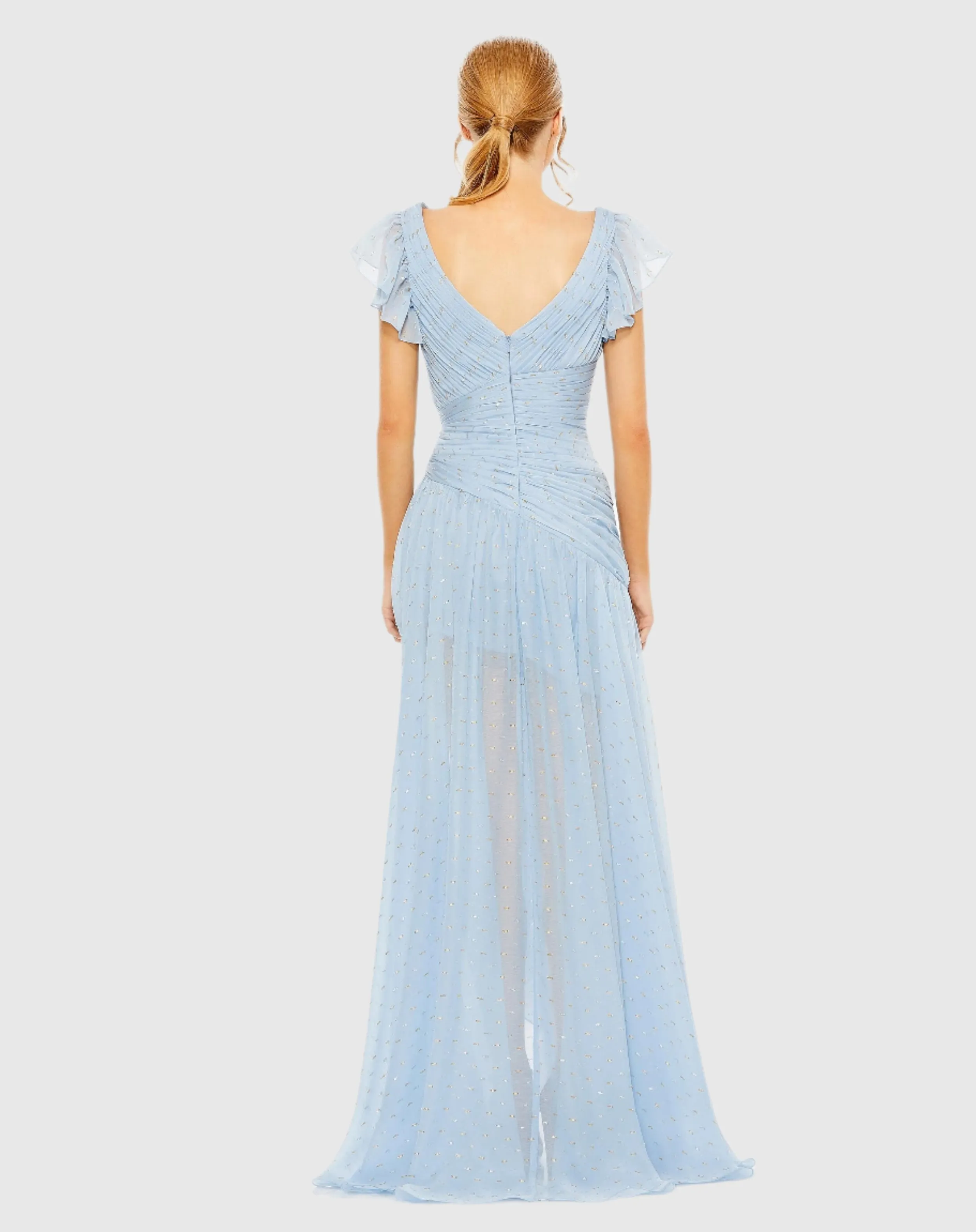 Asymmetrical Ruched Gown With Flutter Sleeves