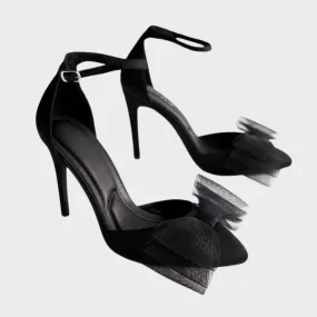 Black Satin Bow Front Stiletto Heel Court Shoes