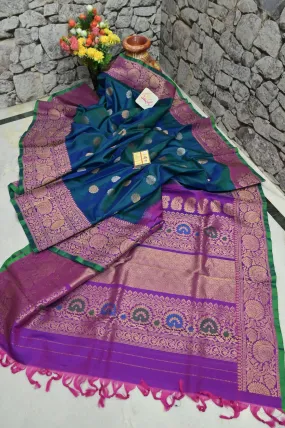 Blue and Green Dual-Tone Gadwal Silk Saree with Golden and Silver Zari Butta with Meenakari