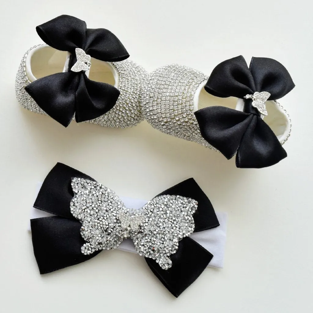 Butterfly Satin Bow Baby Girl Swarovski Shoes