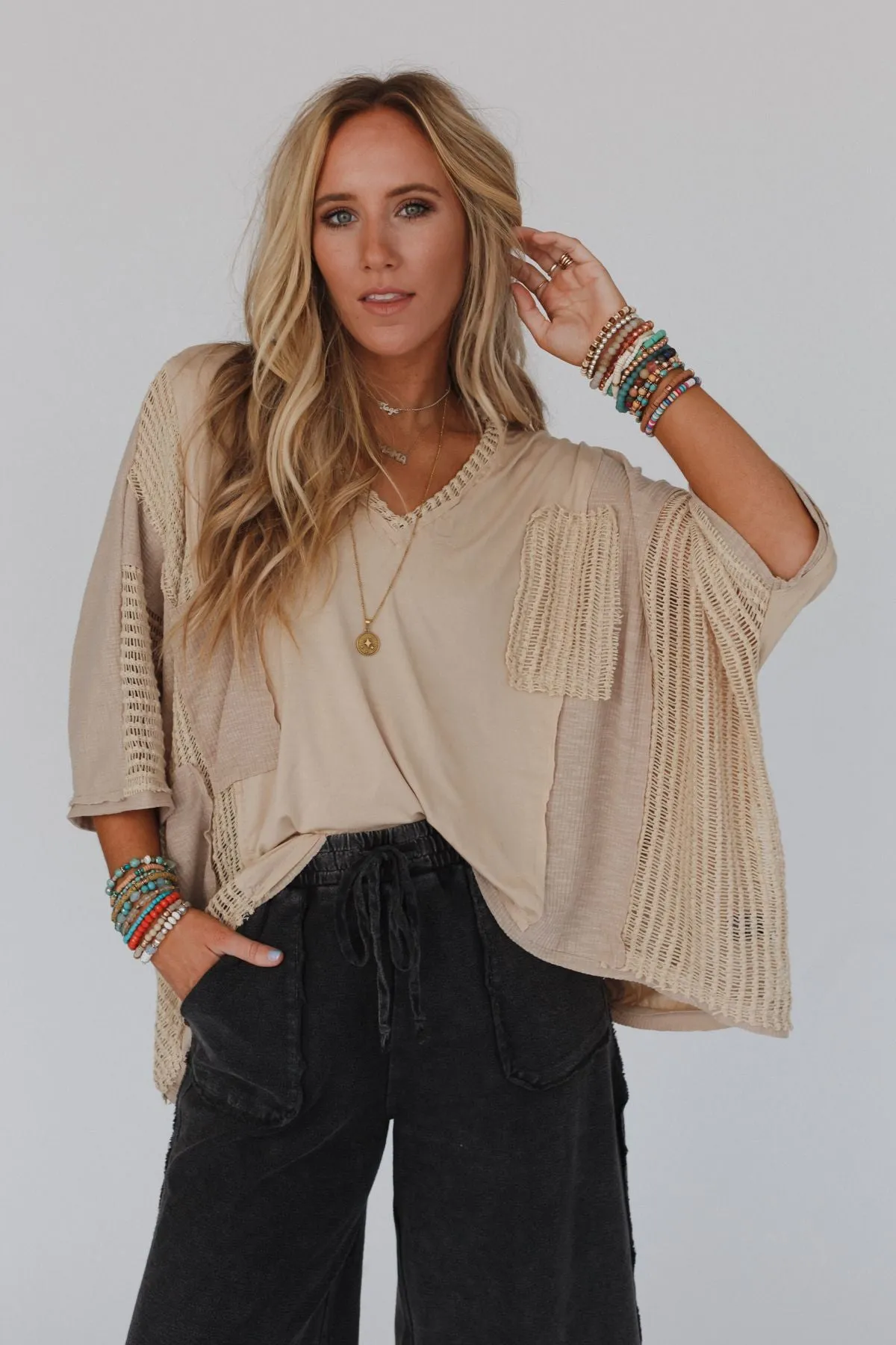 City Drifter Oversized Contrast Top - Taupe