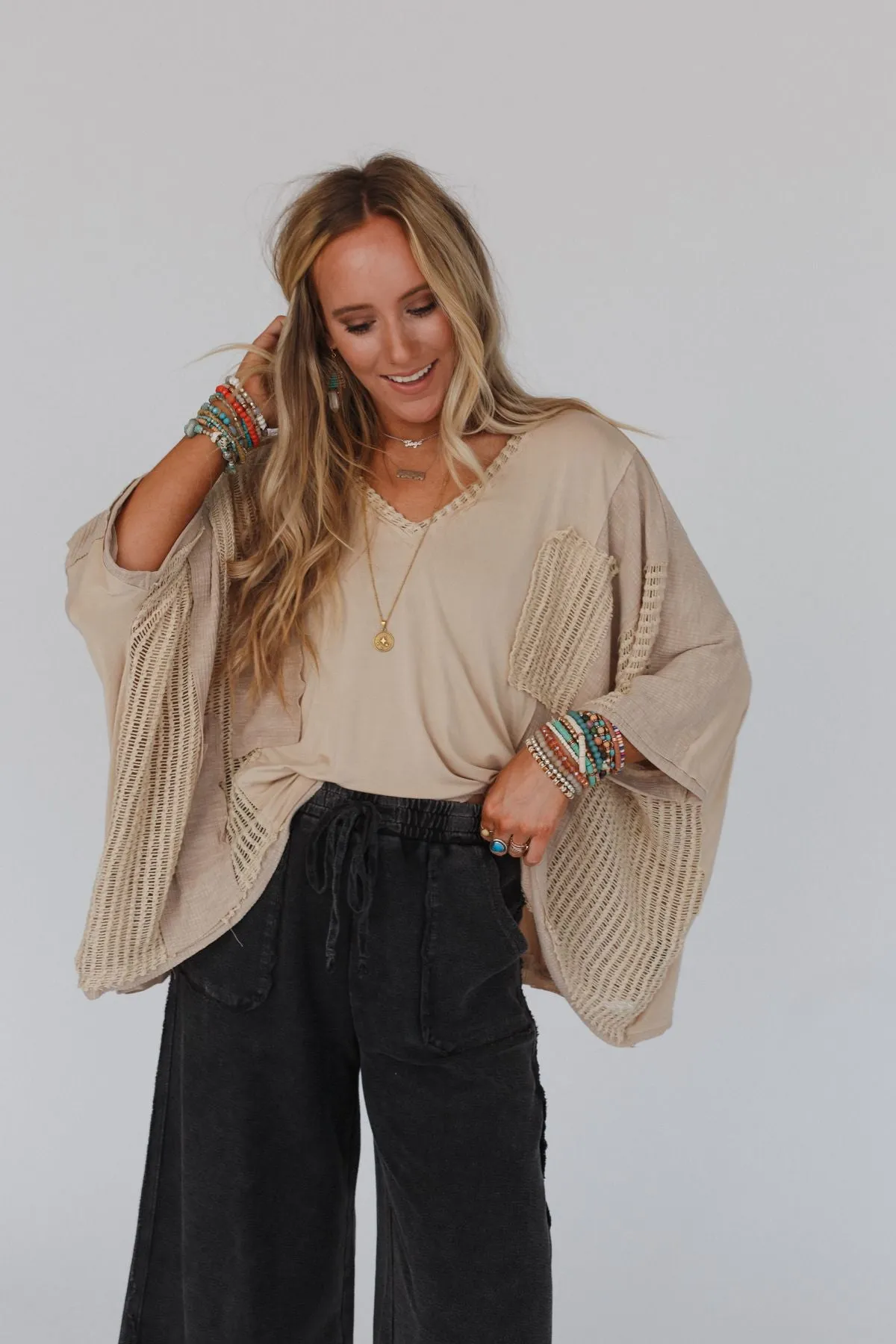 City Drifter Oversized Contrast Top - Taupe