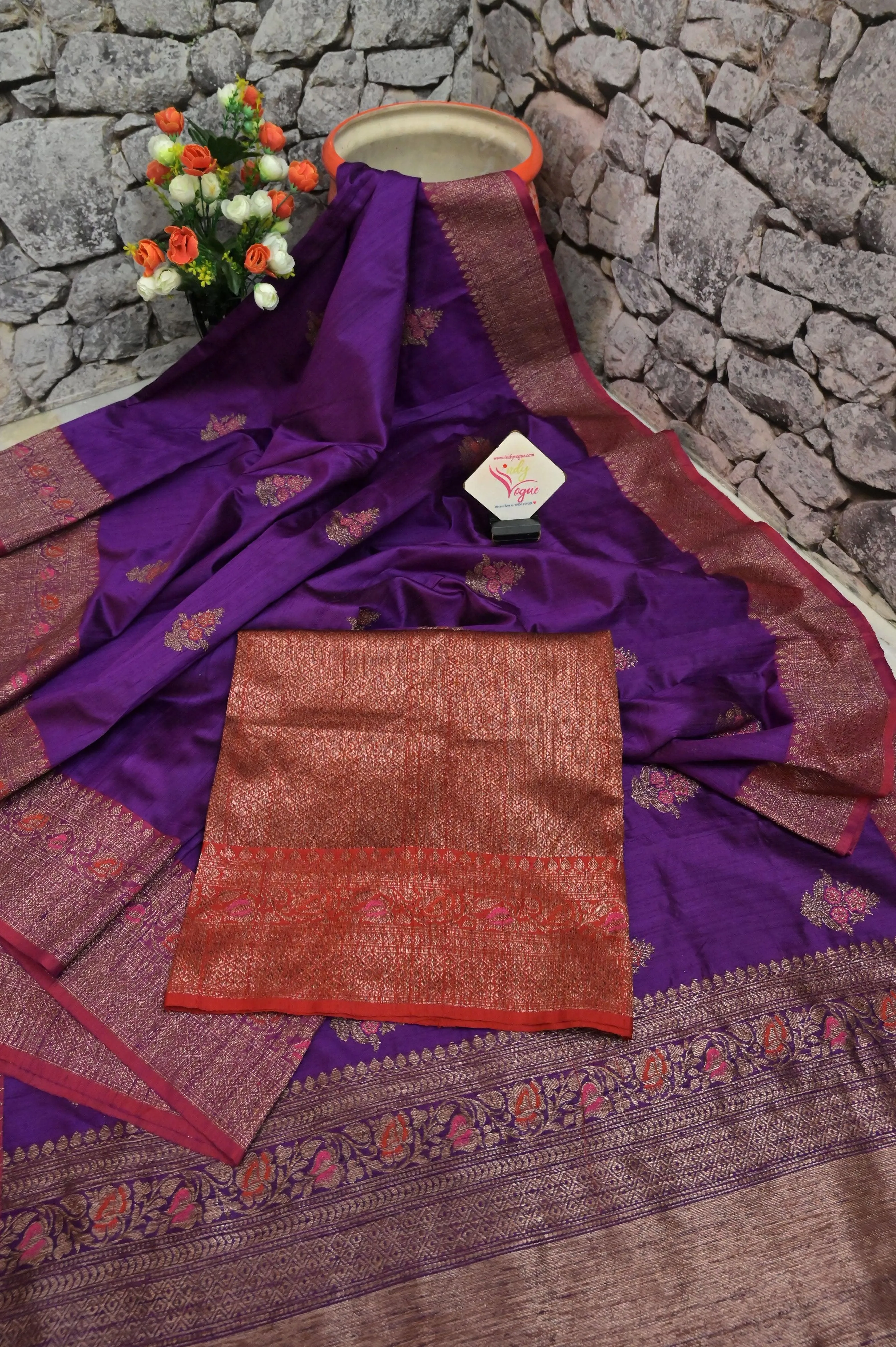 Deep Purple Color Pure Tussar Banarasi with Antique Zari Weaving and Meena Butta