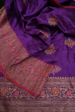 Deep Purple Color Pure Tussar Banarasi with Antique Zari Weaving and Meena Butta