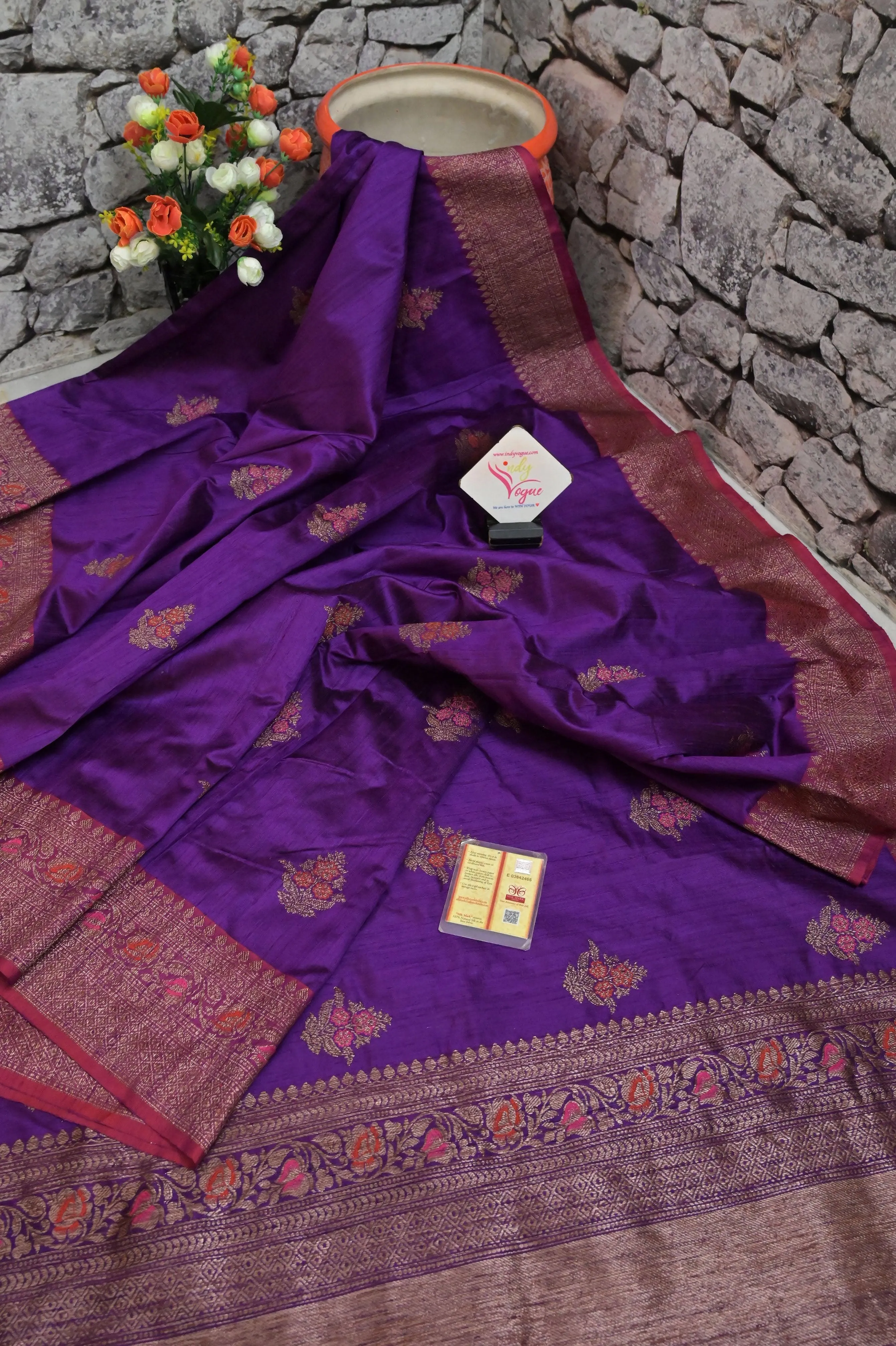 Deep Purple Color Pure Tussar Banarasi with Antique Zari Weaving and Meena Butta