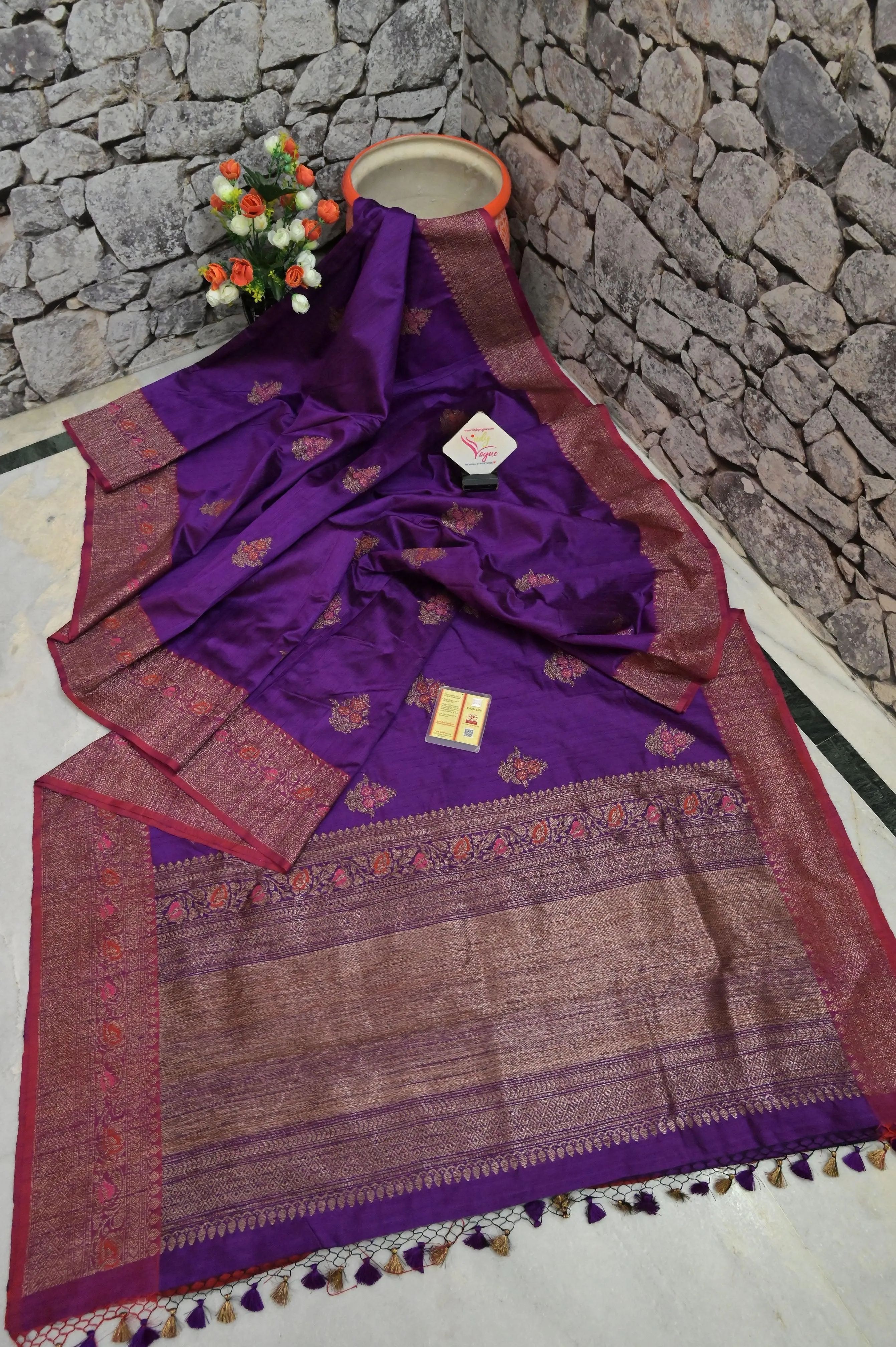 Deep Purple Color Pure Tussar Banarasi with Antique Zari Weaving and Meena Butta