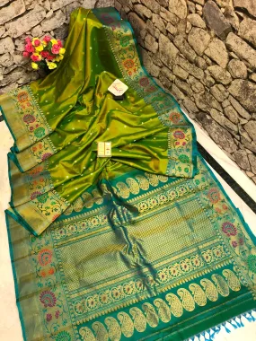 Dual Tone Green and Golden Pure Gadwal with Meenakari Work