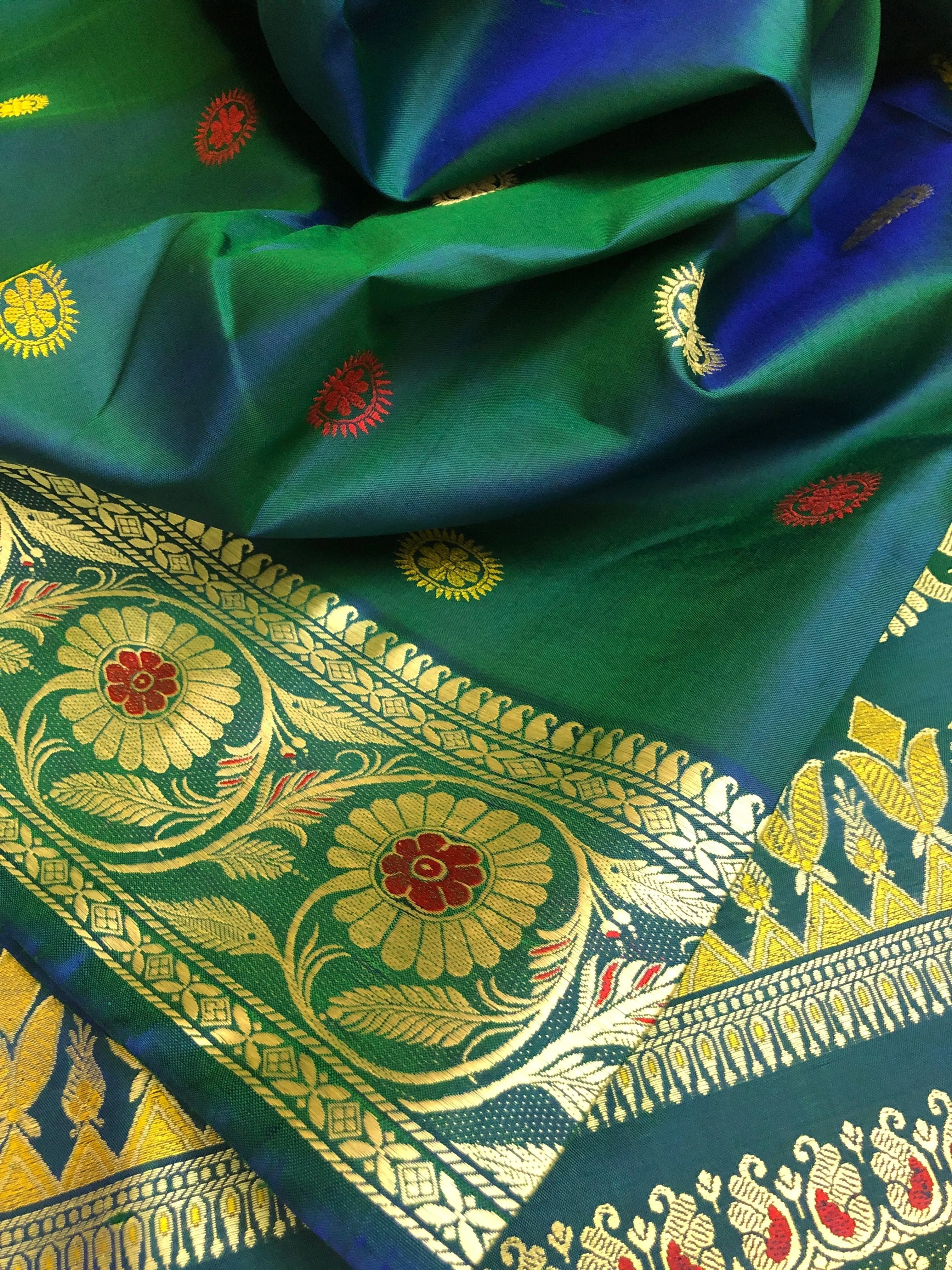 Dual Tone Green Color Revival Golani Baluchari Silk Saree with Three Borders