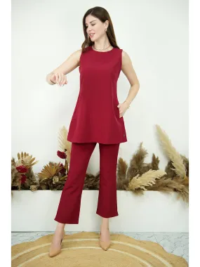 Exude Resplendent Thigh Length Tunic with Trouser (Red)