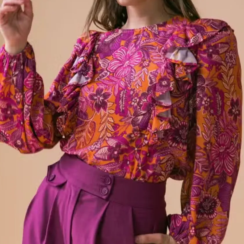 Floral Marvels Magenta Ruffled Printed Blouse