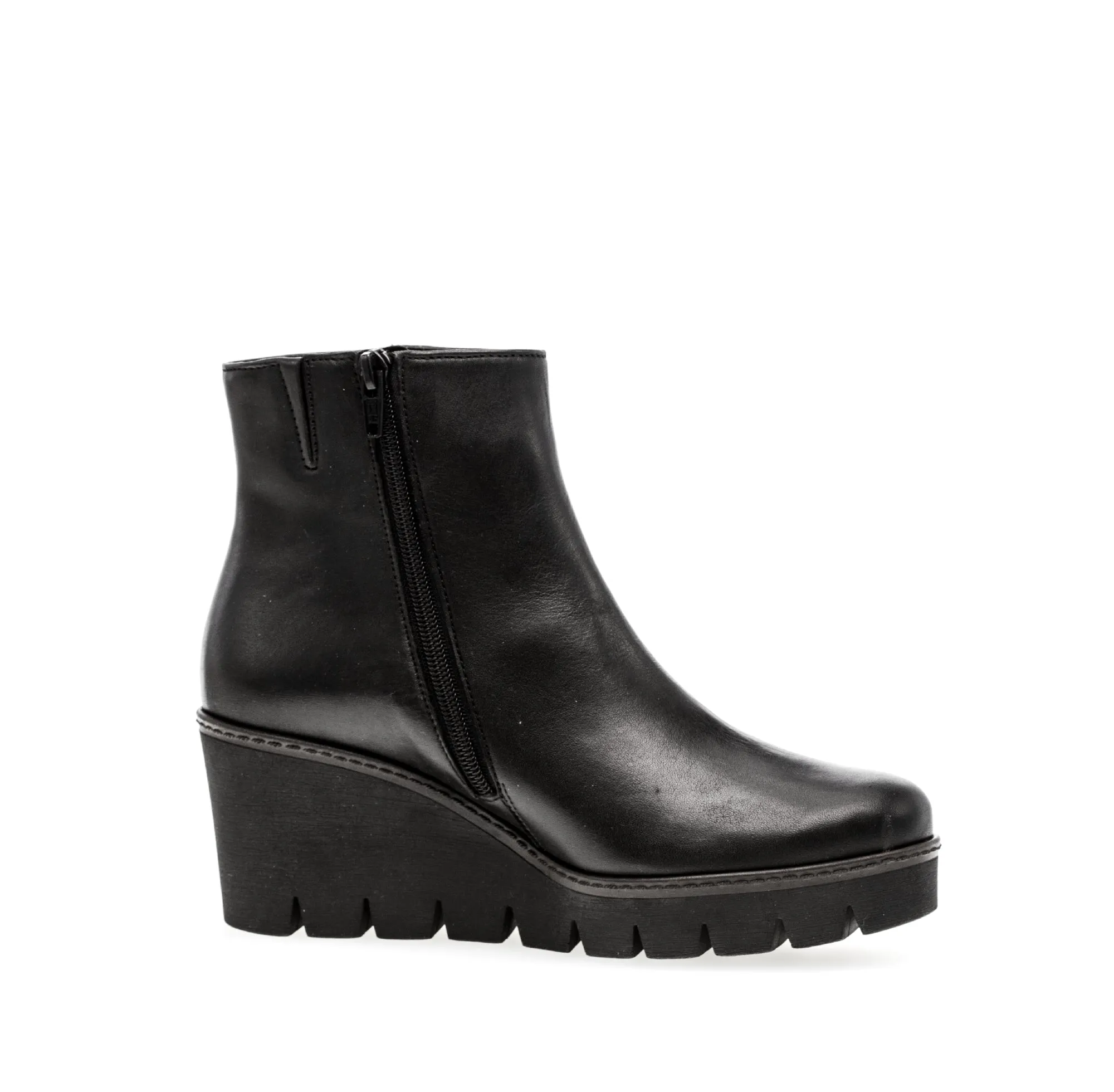 GABOR Black Leather Ankle Boot on Platform Wedge 78027