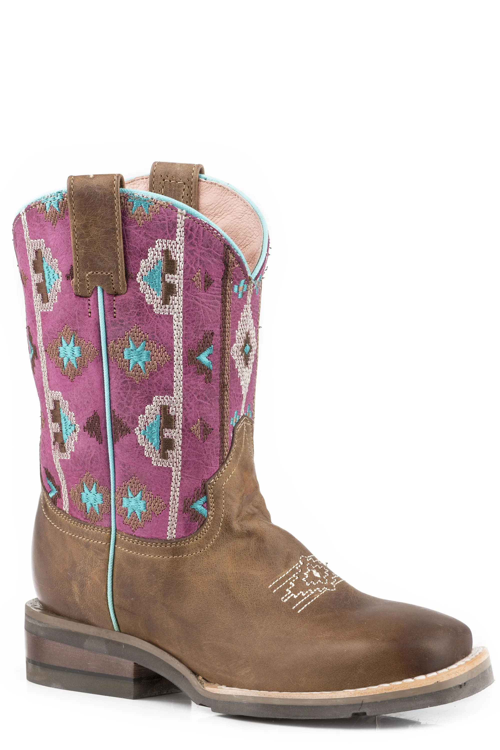 Girl's Roper Waxy Tan Western Square Toe Boot w/ Aztec Embroidery