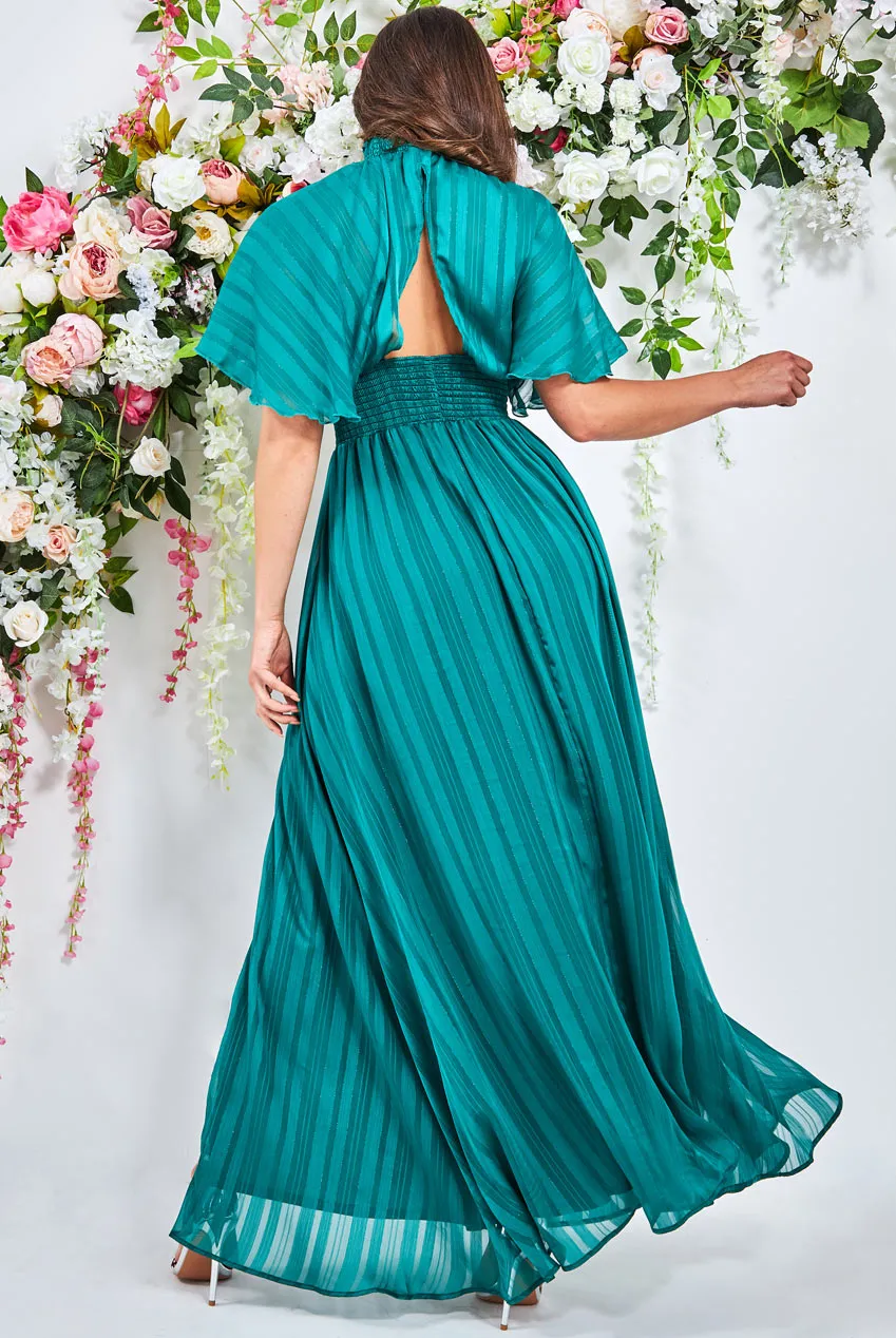 Goddiva Keyhole High Neck Flutter Sleeve Maxi