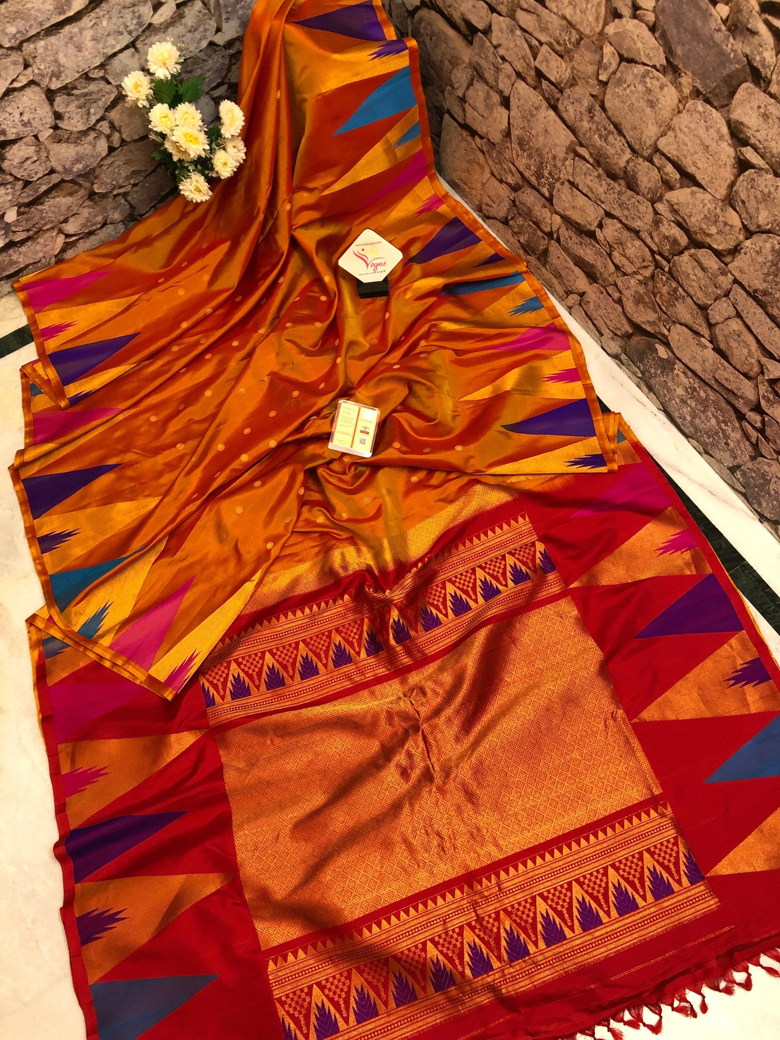 Golden Orange Color Pure Gadwal Saree with Multicolor Temple Border