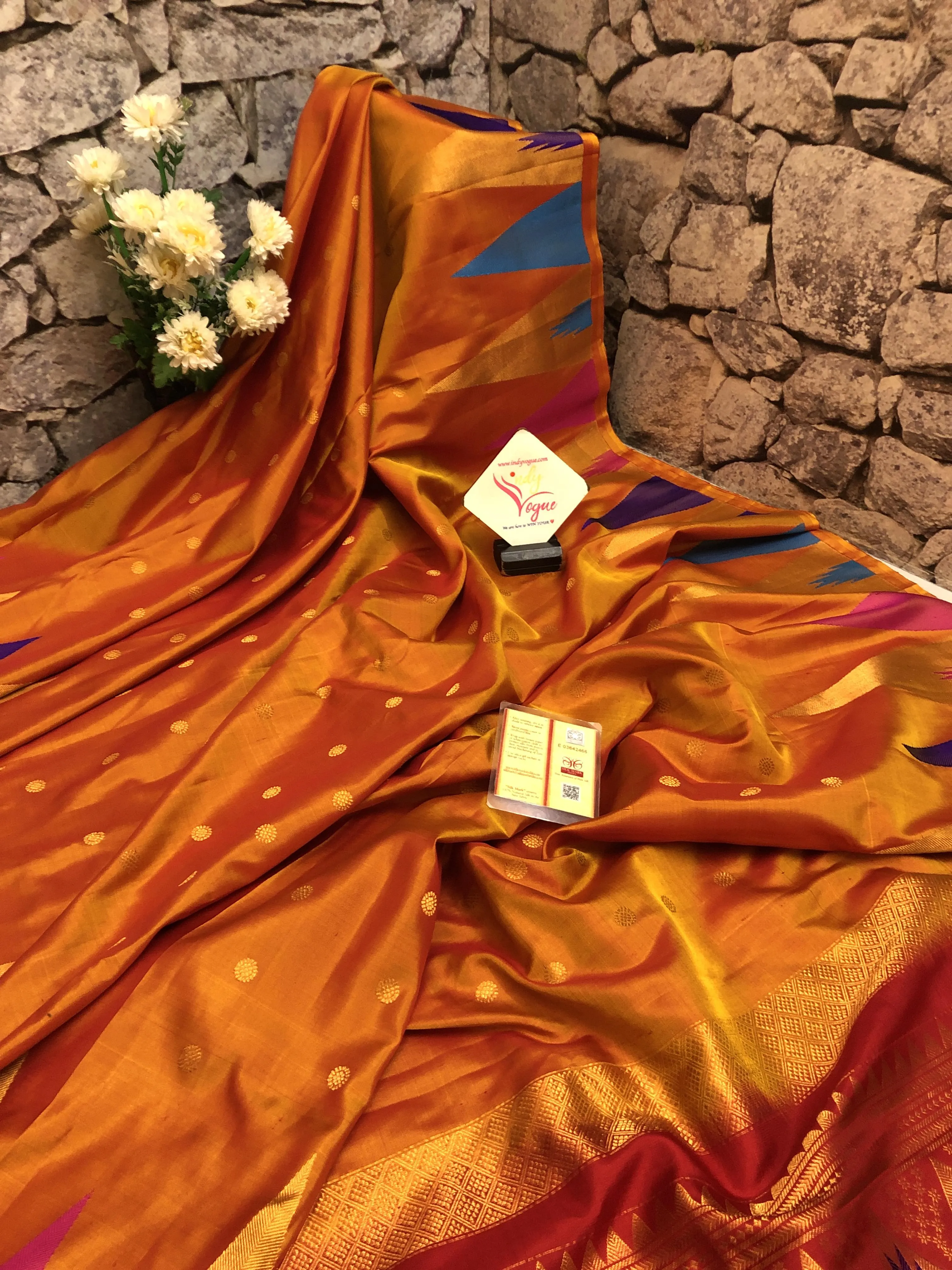 Golden Orange Color Pure Gadwal Saree with Multicolor Temple Border