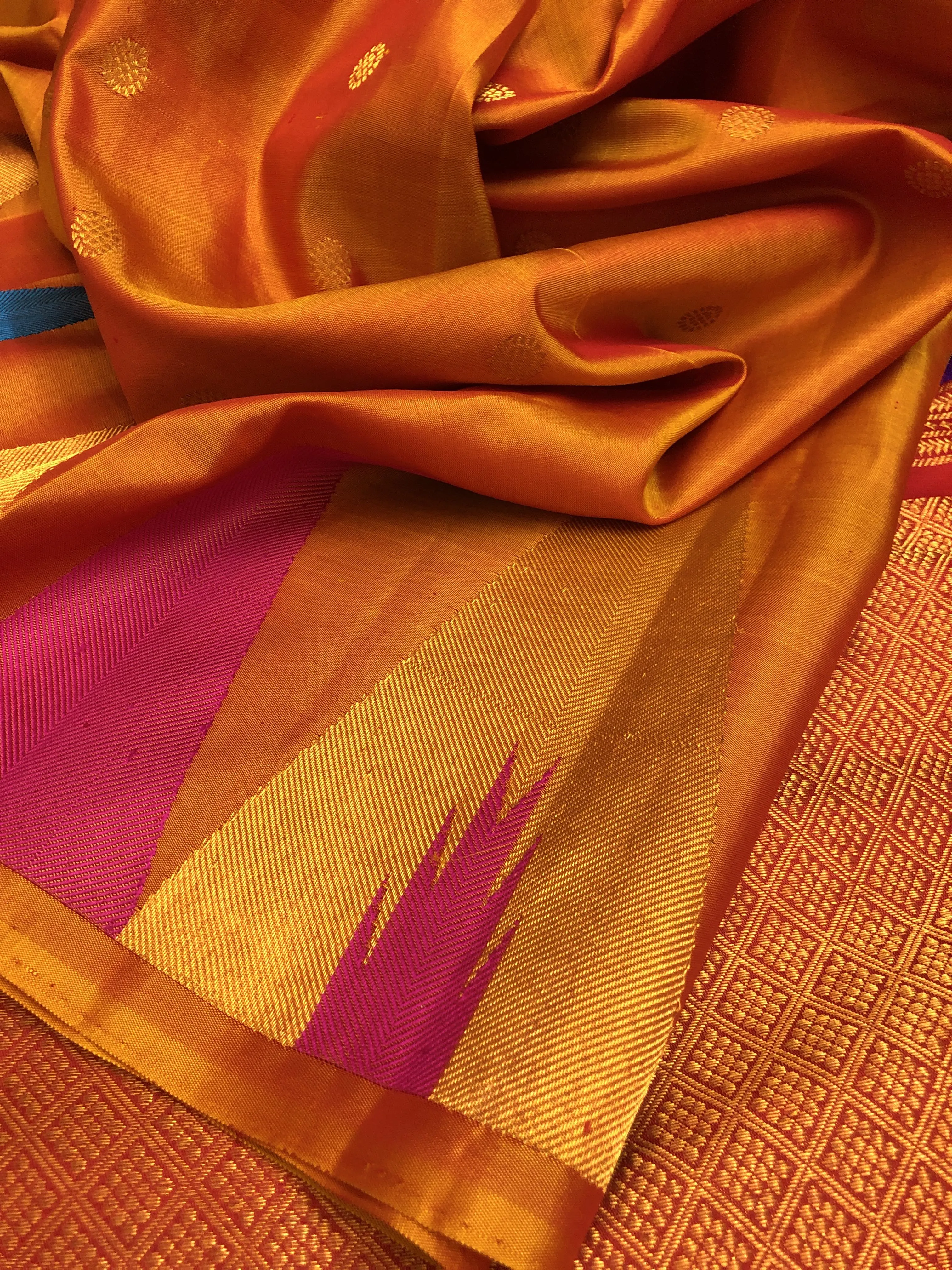 Golden Orange Color Pure Gadwal Saree with Multicolor Temple Border