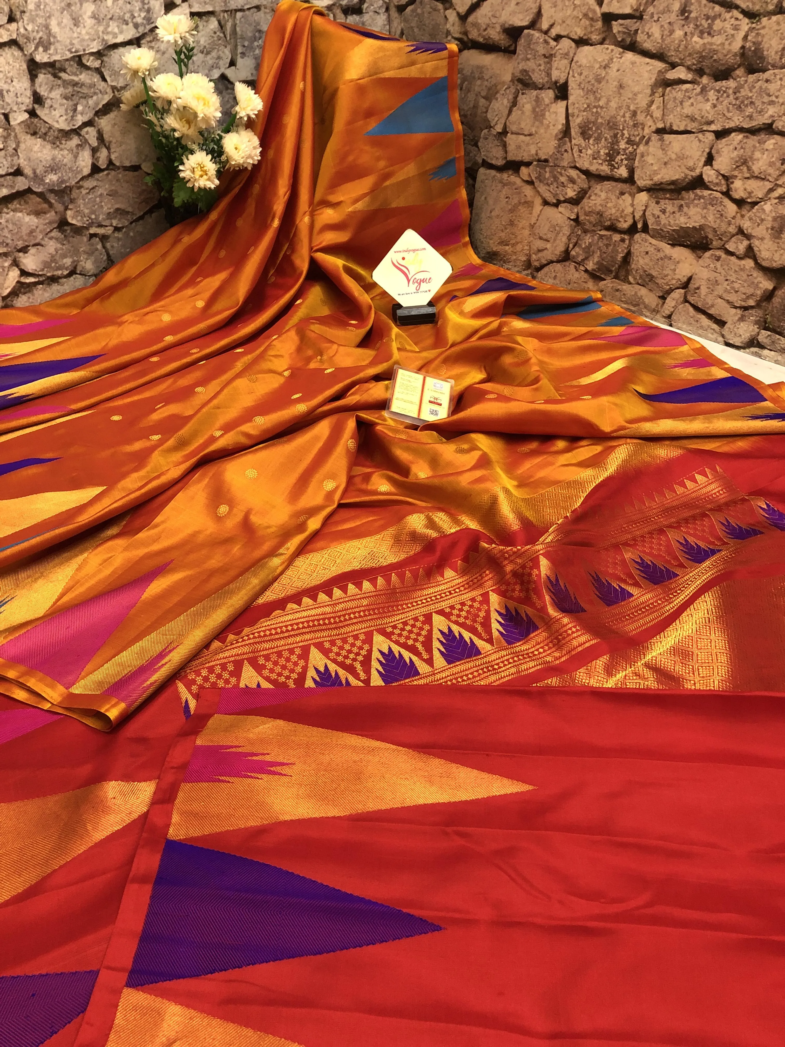 Golden Orange Color Pure Gadwal Saree with Multicolor Temple Border