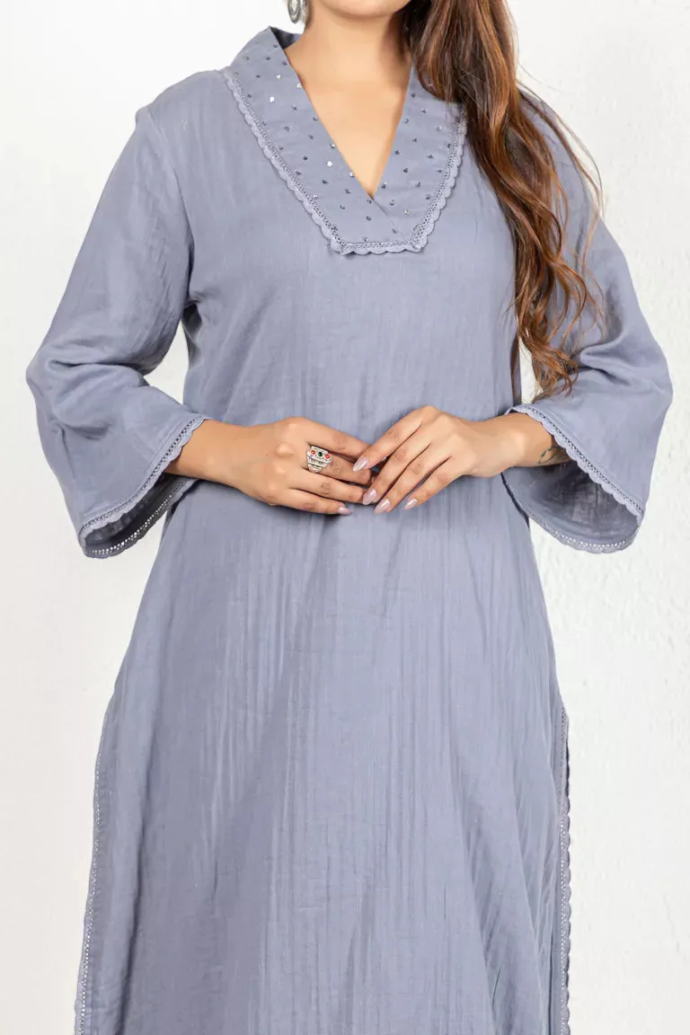 Grey-Colored 3/4 Sleeves Cotton Kurta