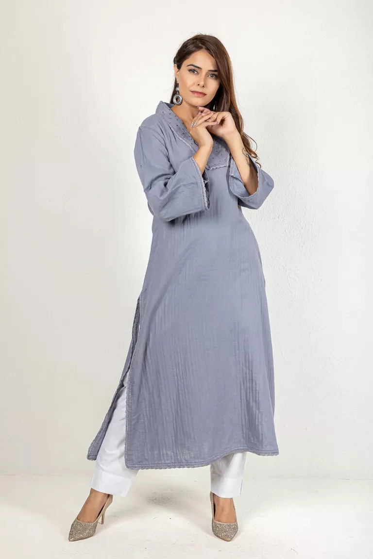 Grey-Colored 3/4 Sleeves Cotton Kurta