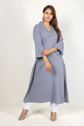 Grey-Colored 3/4 Sleeves Cotton Kurta