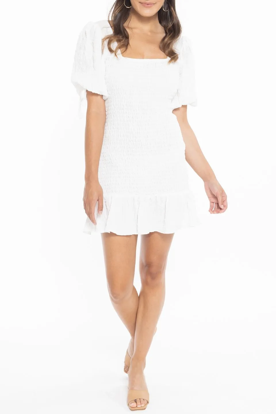 Harper White Square Neck Shirred SS Mini Dress