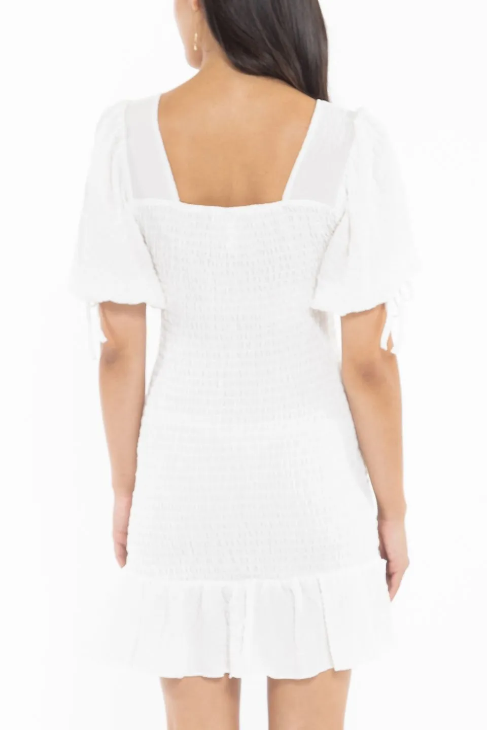 Harper White Square Neck Shirred SS Mini Dress