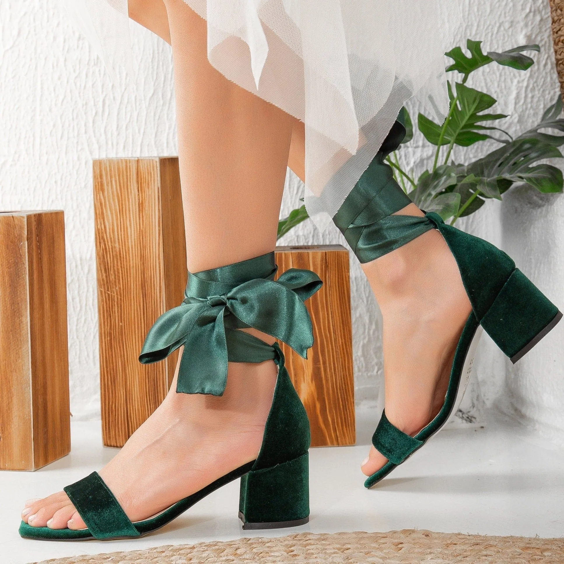 Hera Vegan Velvet Ribbon Heeled Sandals | Emerald Green