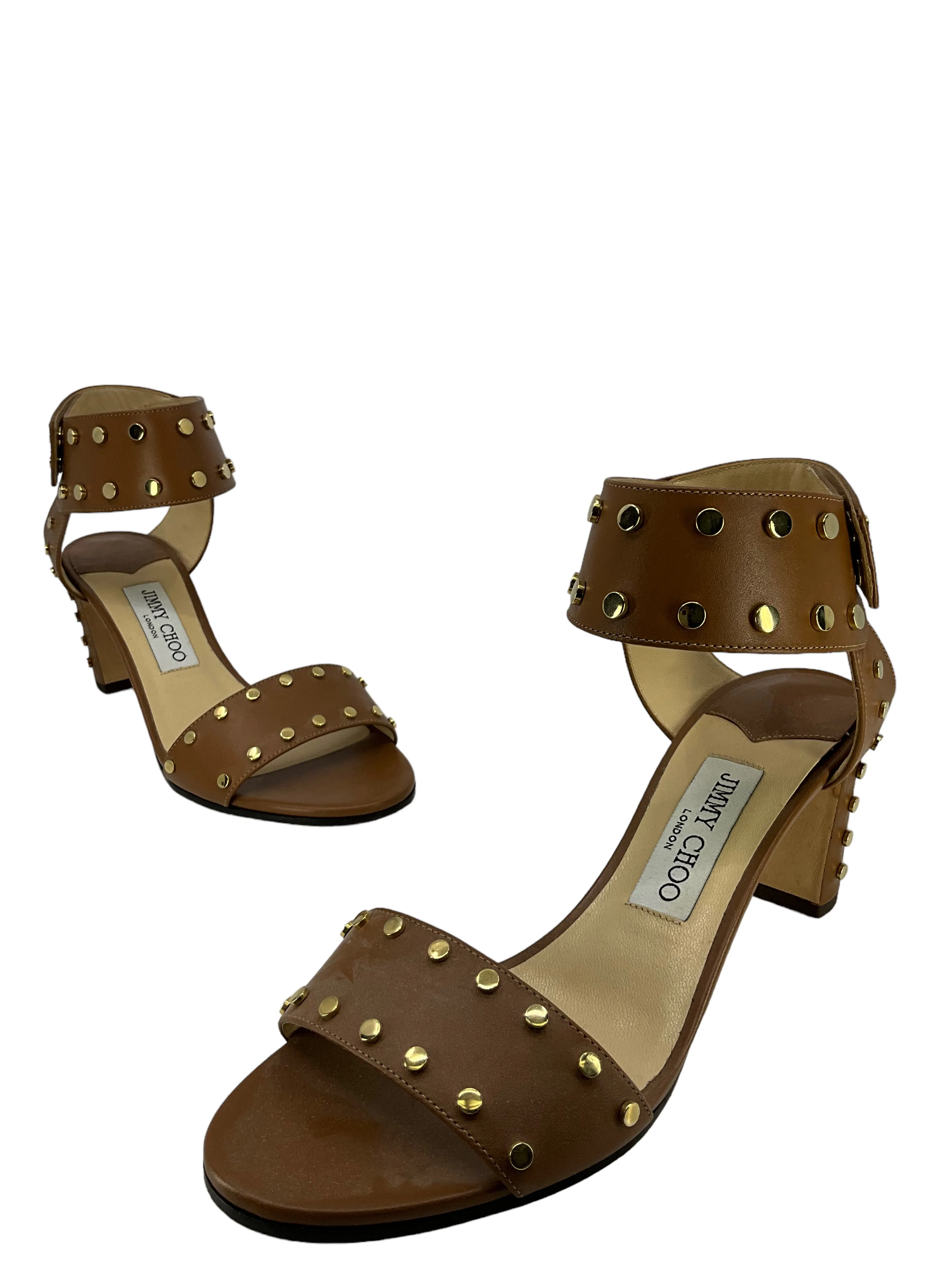 Jimmy Choo Brown Leather Gold Studded Sandals Size 8.5