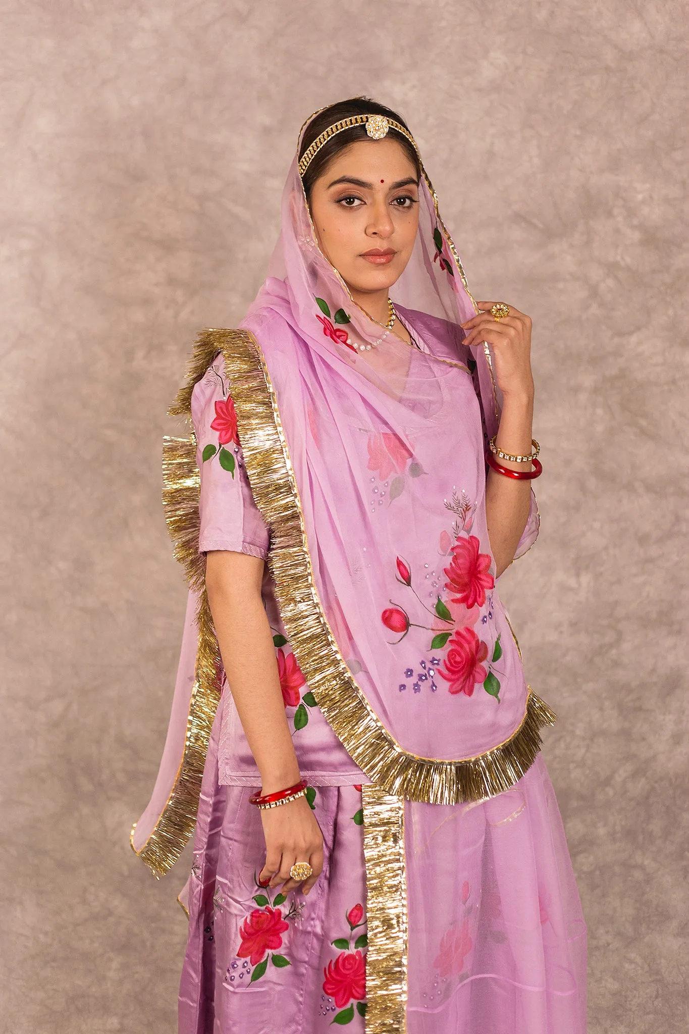 Lavender Handpainted Bamber Satin Rajputi Poshak