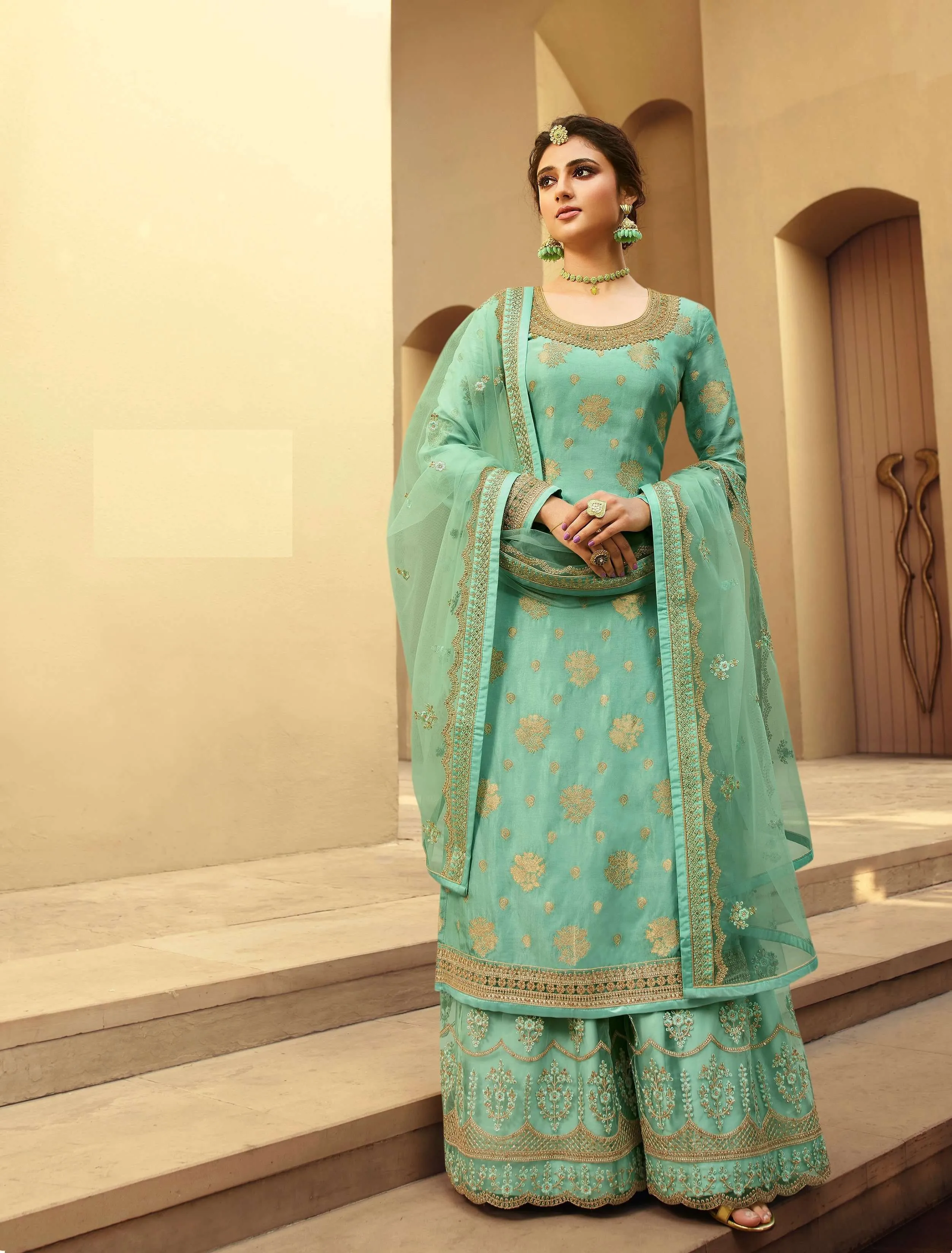 Mint Green Jacquard Silk Woven Butta Palazzo Suit