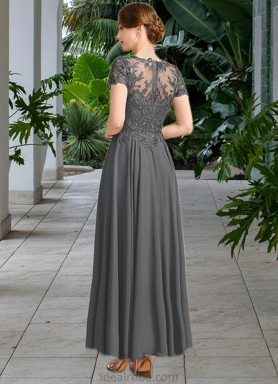 Naomi A-line V-Neck Illusion Ankle-Length Chiffon Lace Mother of the Bride Dress With Sequins STKP0021830