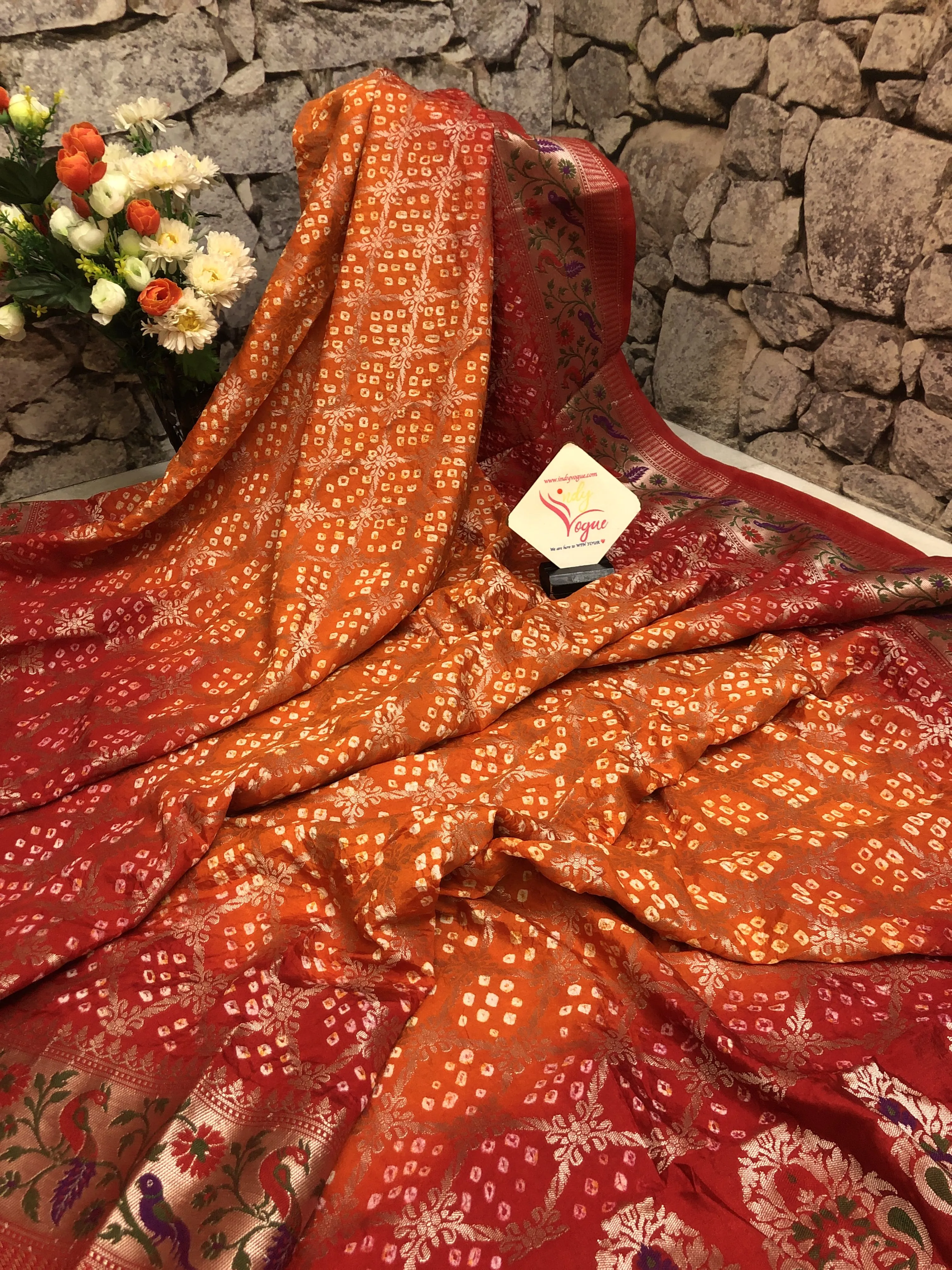 Orange and Red Color Dupion Silk Saree with Paithani and Bandhani Work