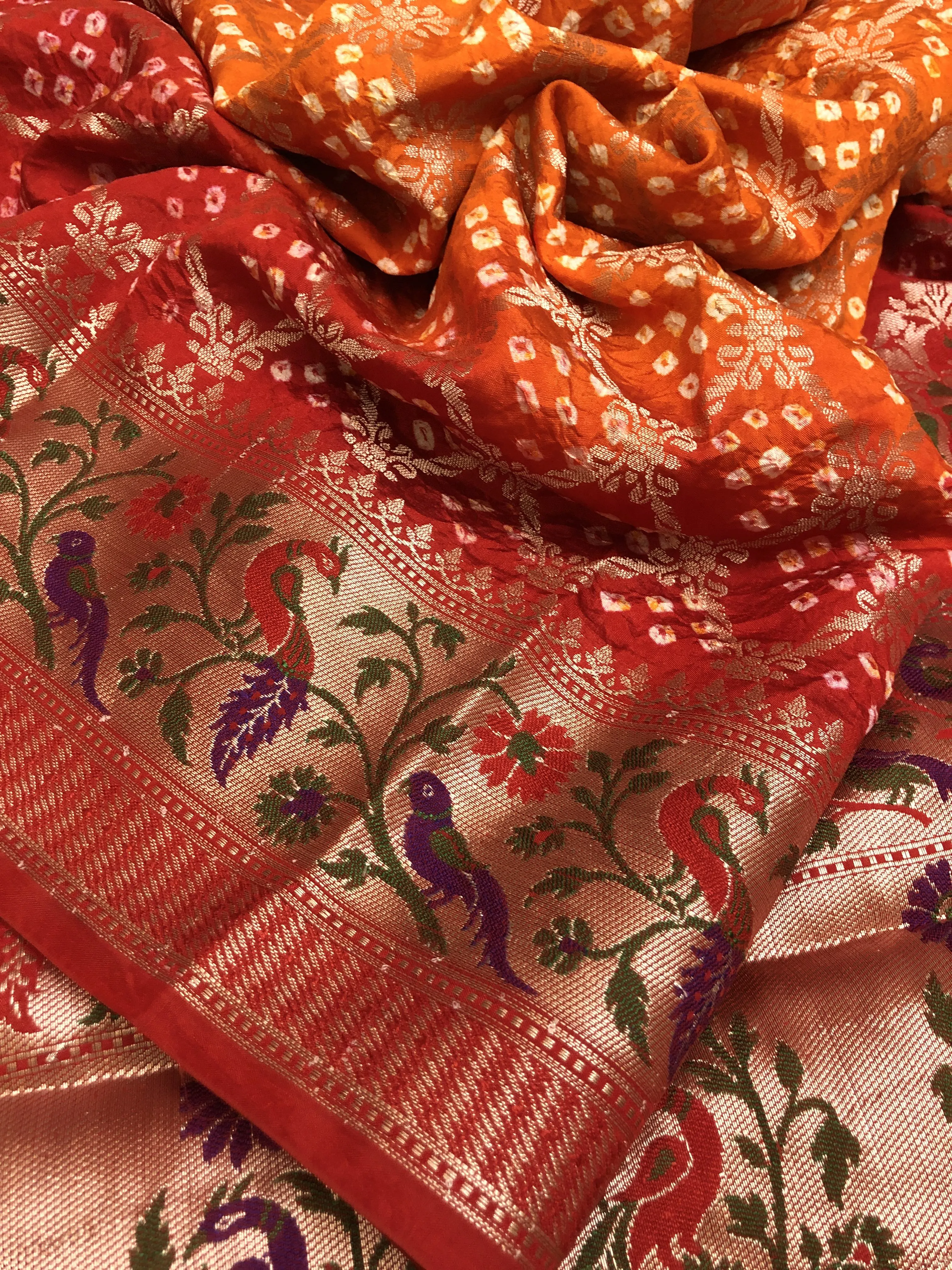 Orange and Red Color Dupion Silk Saree with Paithani and Bandhani Work