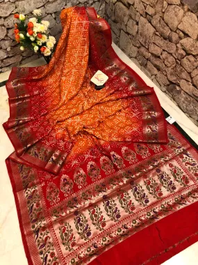 Orange and Red Color Dupion Silk Saree with Paithani and Bandhani Work