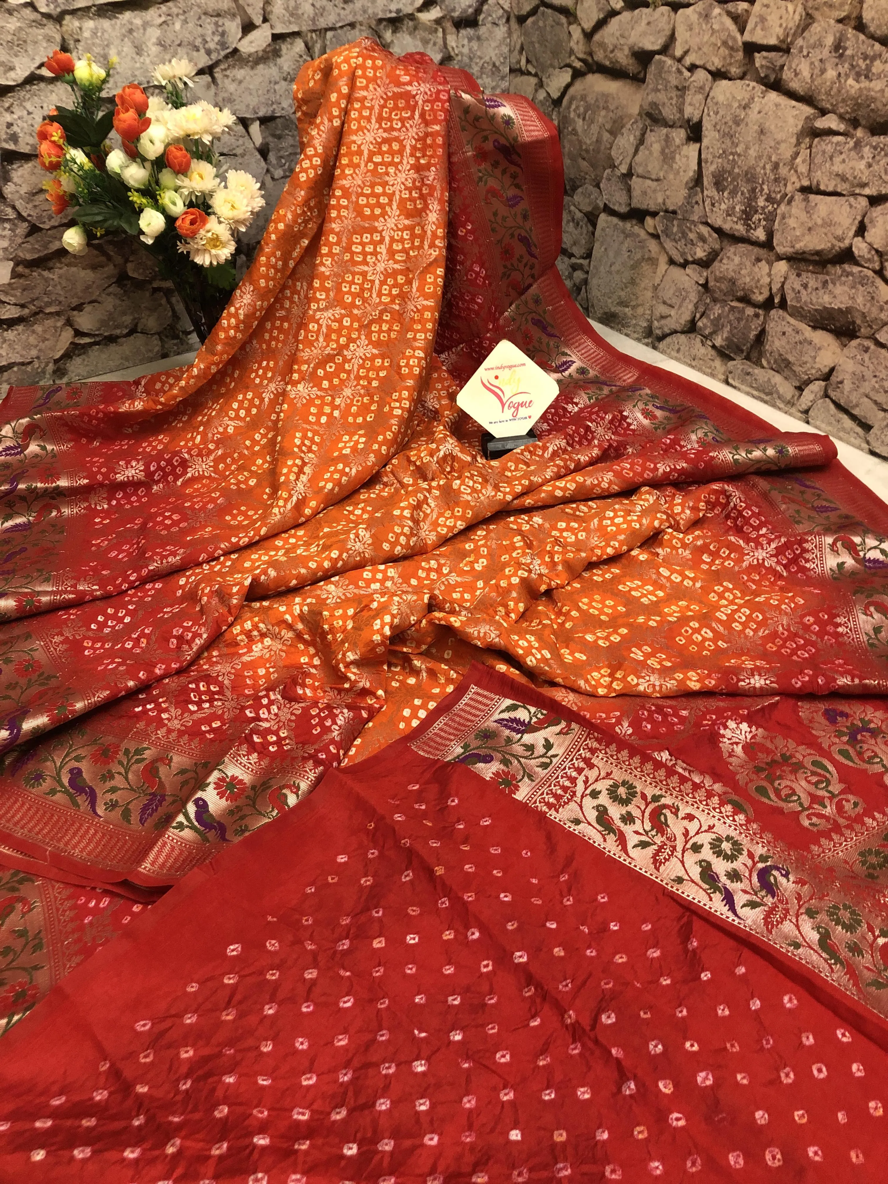 Orange and Red Color Dupion Silk Saree with Paithani and Bandhani Work