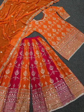 Pink Orange Embroidery Kurta-Sharara Dupatta Set UK Next Day