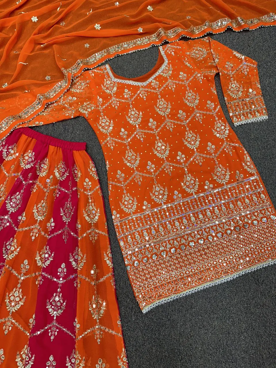 Pink Orange Embroidery Kurta-Sharara Dupatta Set UK Next Day