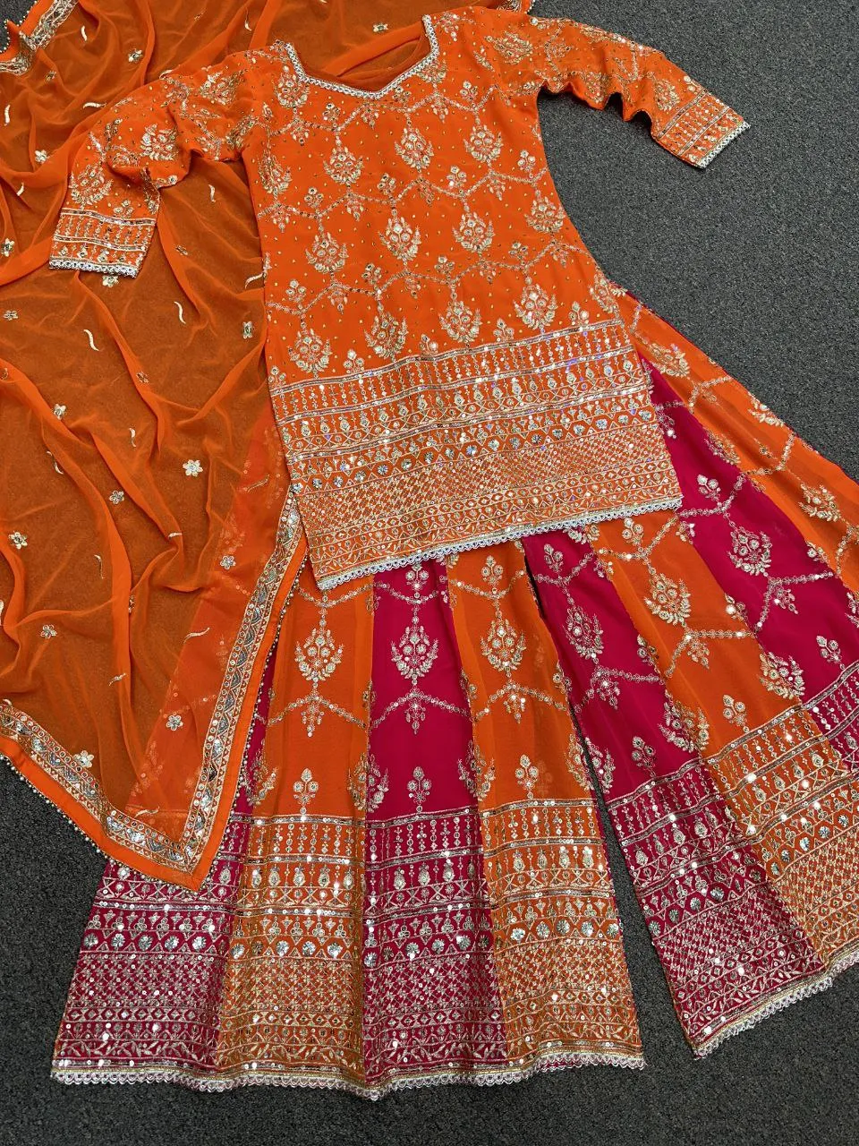 Pink Orange Embroidery Kurta-Sharara Dupatta Set UK Next Day