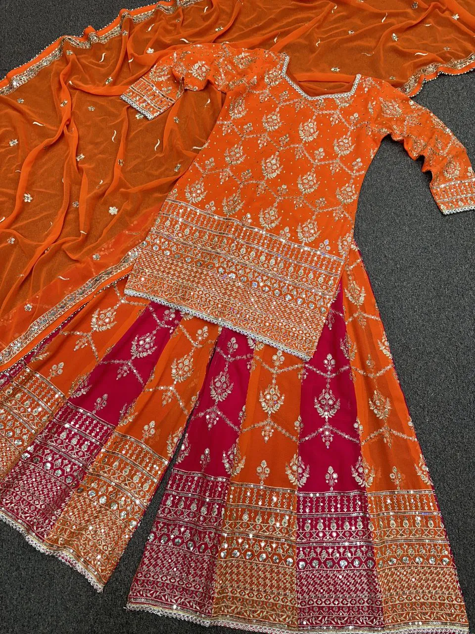 Pink Orange Embroidery Kurta-Sharara Dupatta Set UK Next Day