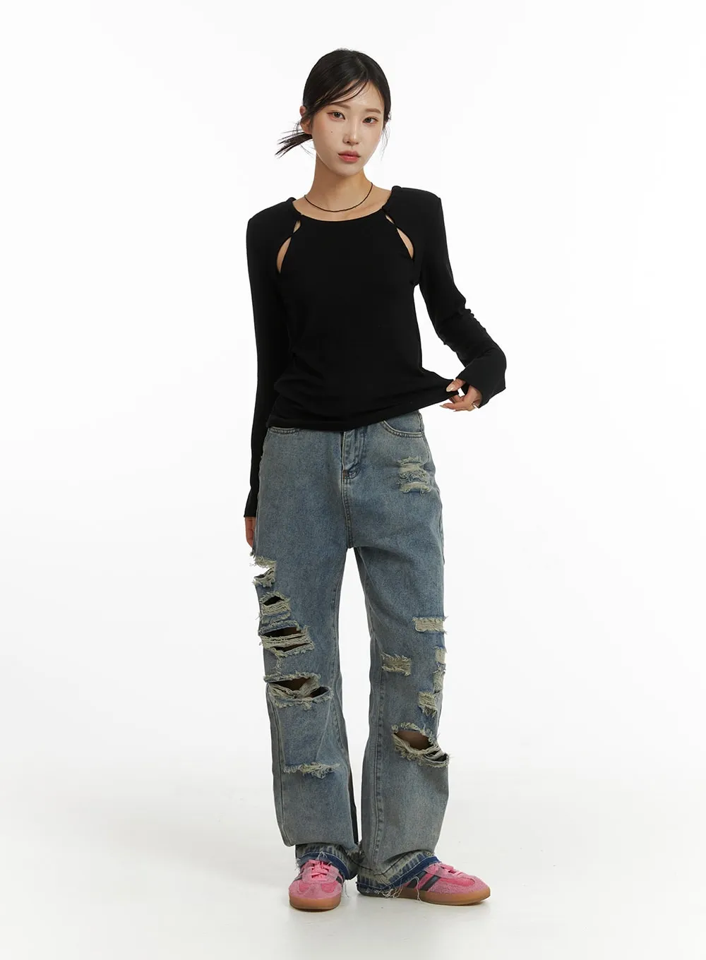 Ribbed Straight Leg Denim Jeans CJ431