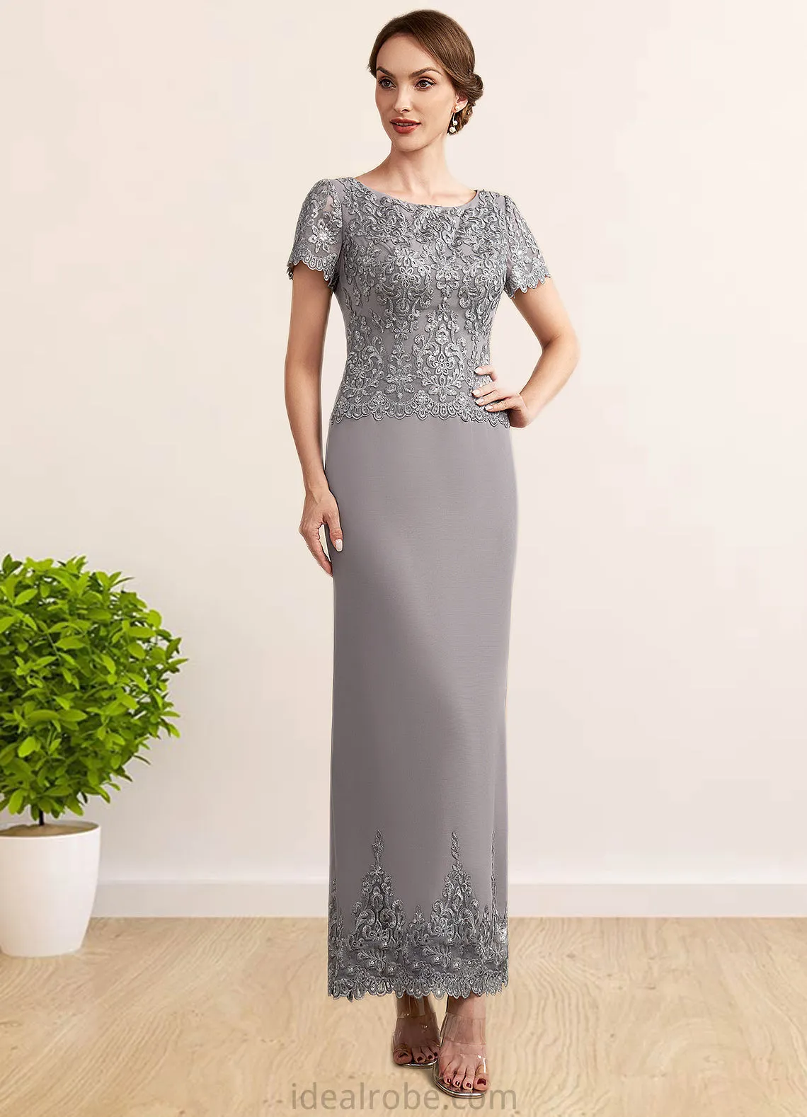 Scarlett Sheath/Column Scoop Neck Ankle-Length Chiffon Lace Mother of the Bride Dress With Sequins STK126P0014922