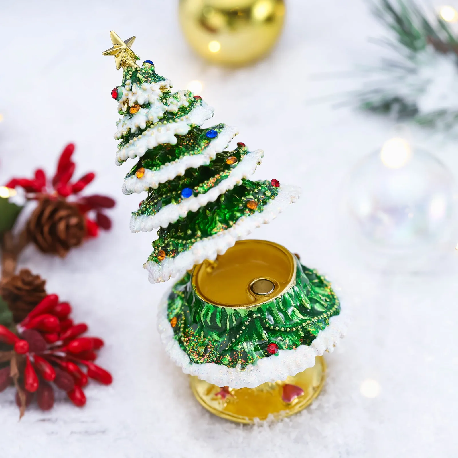 Snow Christmas Tree Jeweled Trinket Box