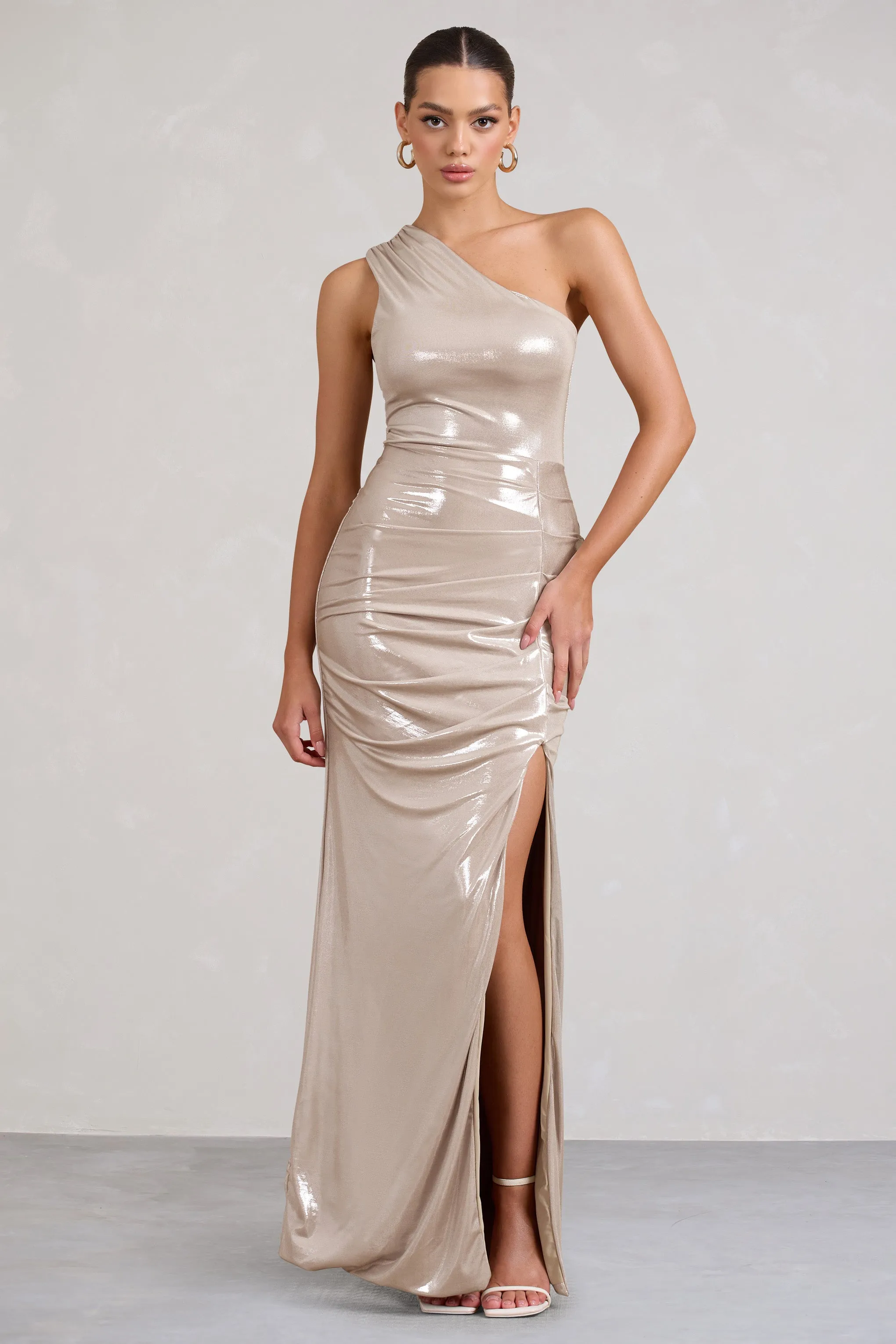 Sofie | Gold One Shoulder Maxi Dress with Thigh Split