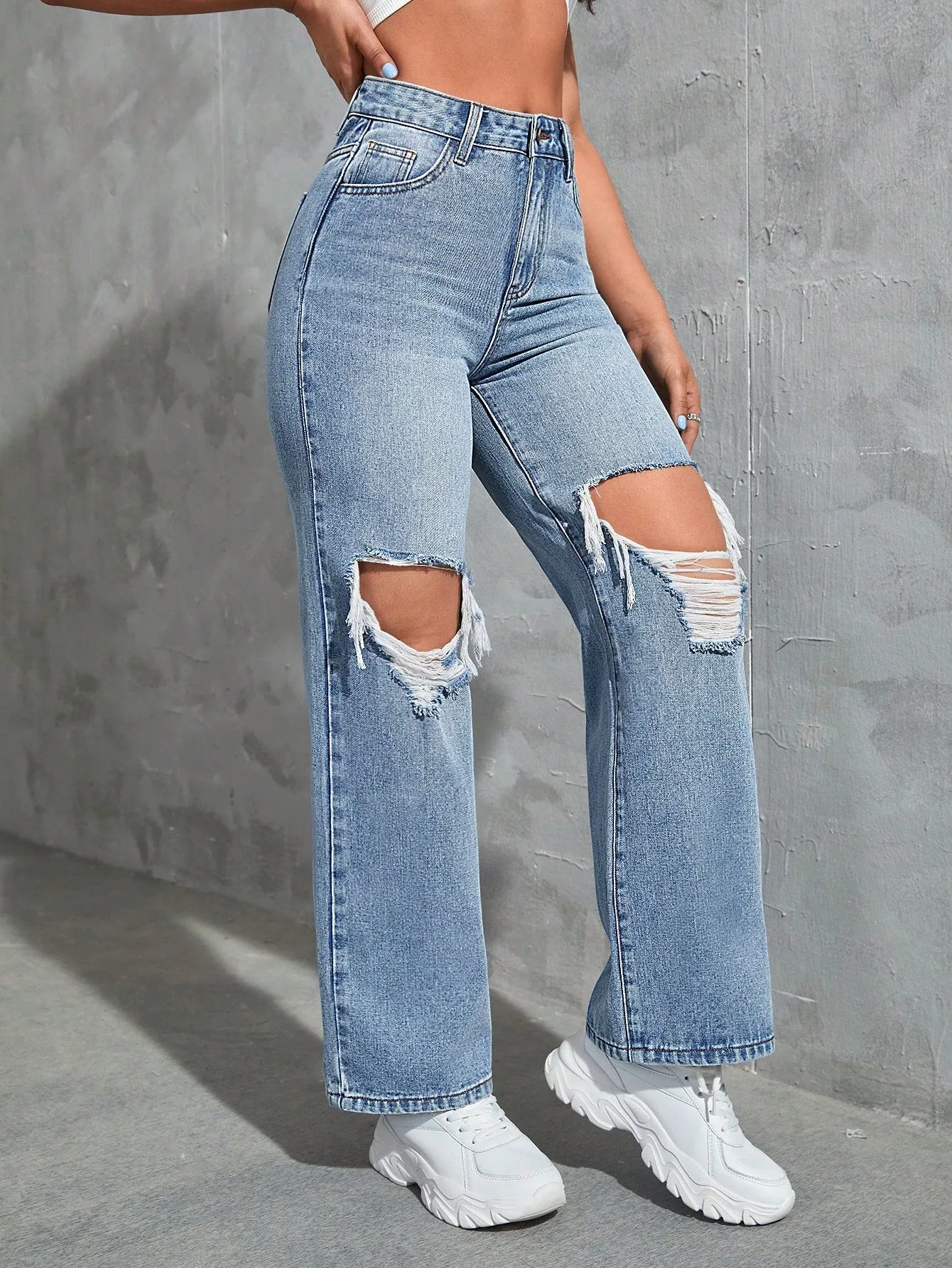 Solid Cut Out Ripped Jeans