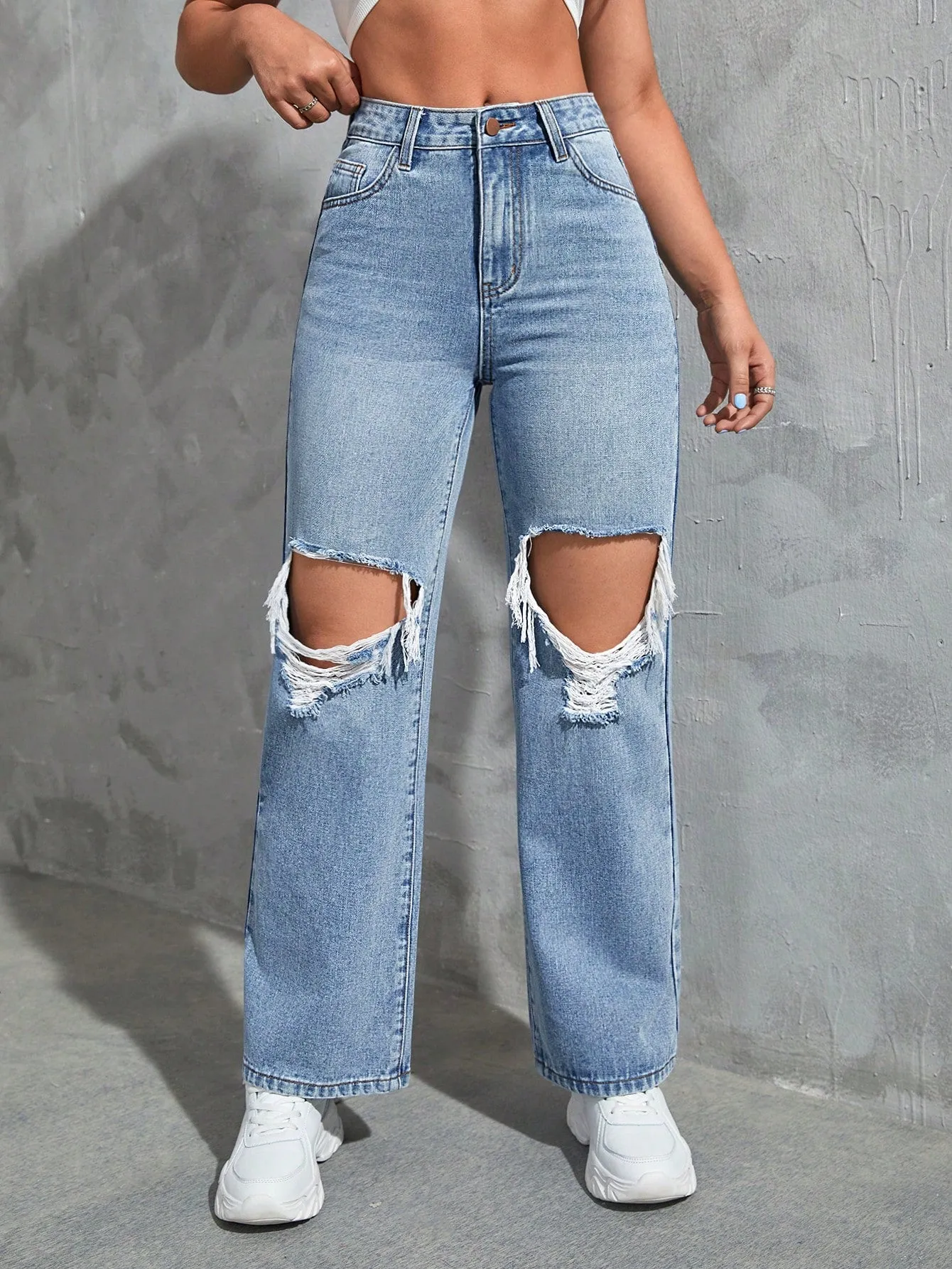 Solid Cut Out Ripped Jeans